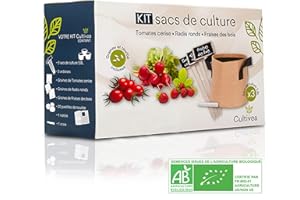CULTIVEA® Kit de sacs de culture – Prêt à Pousser – Graines Françaises 100% Écologiques et Bio – Jardin potager (Extérieure) – Fruits et Légumes (Tomate, Fraise et Radis) - Idée Cadeau