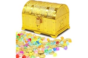 Forbabe Schatzkiste Kindergeburtstag mit Piraten Goldmünzen Diamant, Schatztruhe Kindergeburtstag Gold Schatztruhe mit Schloss und Schlüssel für Aufbewahren Und Dekorieren, Kindergeschenk