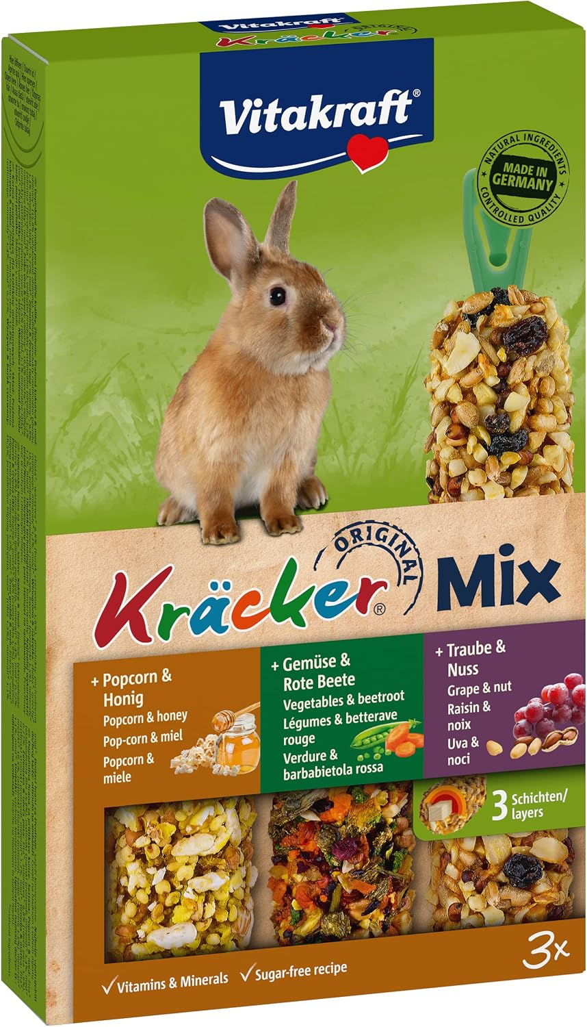 VITAKRAFT - Kräcker - Friandise pour Lapin Nain - Alimentation Complémentaire - Assortiment de Délicieux Kräckers Popcorn Miel, Légumes Betteraves, Raisin et Noix - Boîtes de 3 Baguettes - 160g