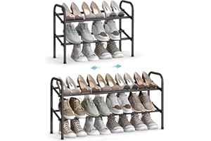 ‎SONGMICS SONGMICS LMR029B01 Rozkładany stojak na buty, 2-poziomowy, metalowy, regał, regulowany, organizer, wolnostojący, do przedpokoju, szafy, wejścia, łatwy montaż, czarny atramentowy