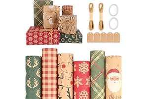 CARASTEK Carta da Regalo Natalizio Set, 6 Rotoli 43 * 300cm di Carta da Pacchi Kraft Riciclata Piegata Fogli Carta da Regalo Natalizia, Carta Regalo Natale Vintage per Famiglie e Amici di Natale