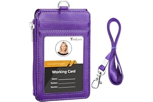 Teskyer Porta Tarjetas Identificativas, Cuero PU, con Bolsillo de Cremallera, Cordón de Nylon, 3 Ranuras Para Tarjetas, para la oficina, la escuela, las tarjetas de crédito, Púrpura