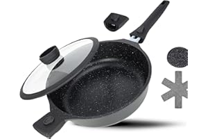 DIVORY Schmorpfanne 28cm Induktion, Servierpfanne mit Deckel 4,2l – Abnehmbarer Griff, beschichteter Kochtopf backofenfest, Aluminium Schmortopf hoher Rand + Pfannenschoner