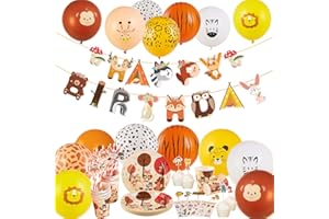EASY JOY Geburtstagsdeko Thema Waldtiere Party Deko, Kindergeburtstag Deko Latexballons,Geschirr aus Papier, HAPPY BIRTHDAY banner für Kinder Jungen Mädchen