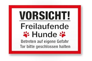 ‎KOMMA SECURITY Komma Security Vorsicht freilaufende Hunde - Hunde Schild Hinweisschild Gartentor Gartenzaun - Türschild Haustüre Warnschild Abschreckung Einbruchschutz - Tor geschlossen halten