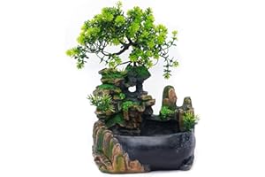 KUMUJ Zimmerbrunnen Wohnzimmer,Wasserfall Tischbrunnen Desktop Bonsai Ornamente,Tischbrunnen Wasserfall GartenAquarium Harz Desktop-Brunnen Zimmerbrunnen mit Pflanzen 28 x 20 x 15 cm