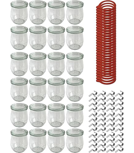 Weck 49854 - Set di bicchieri a forma di tulipano, 75 ml, 12 anelli per conserve 89 x 52 mm, 24 graffette, 2 coperchi in cartone da 40 mm, per conservare le scorte