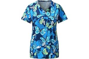 STPT Schlupfhemd Bluse Kurzarm V-Neck Kasack Damen Pflege mit Karikatur Motiv und Taschen Uniform Berufsbekleidung Krankenschwester Kleidung Schlupfkasack Uniformen
