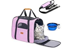 morpilot Sac Transport Chat Chien, Caisse de Transport Respirant et Pliable Cage avec Matelas en Peluche Amovible+Bandoulière+Bol