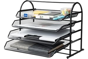 ZNMYDMT Briefablage mit 4 Ebenen, Netzstoff, Büro-Schreibtisch-Papier-Organizer mit verschiebbaren Ablagen für Schreibtischzubehör, Bürobedarf und Aktenaufbewahrung, schwarz