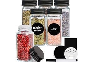 Happy Lemuro Lot de 6 pots à épices carrés de 120 ml avec saupoudreur, couvercles en métal, étiquettes en noir, rangement des épices, organisateur d'épices