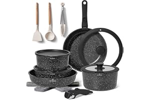 JUST PERFECTO HOUSEHOLD APPLIANCES Batterie de Cuisine Antiadhésive 18 Pièces – Lot de Poêles et Casseroles avec Manche Amovible – Compatible Tous Feux Dont Induction – Revêtement Antiadhésif Sans PFOA (noir)