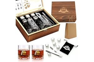 EXREIZST Pierres à Whisky Coffret Cadeau en Verre à Whisky Pierres Froides à Whisky dans Une boîte en Bois Faite à la Main Cool sans Dilution Lot de 2 Verres à Whisky Cadeau pour Papa Mari Homme