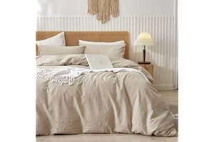 Sedefen Housse de Couette 200 x 200 cm Beige Coton lavé Couleur Unie - Parure de Lit 2 Personnes avec Fermeture Éclair - Aspect ridée Naturel Housse Couette avec 2 Taie d'oreiller 65x65 cm