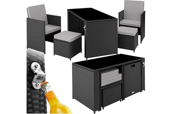 tectake® Ensemble Salon de Jardin Exterieur 4 Places en Poly Rotin 2 Fauteuil Salon, 2 Tabouret Pouf et 1 Table de Jardin, Coussins Inclus, Mobilier de Jardin pour Amenagement Balcon Terrasse Veranda
