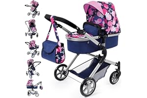 Bayer Design 18169AA Passeggino/Carrozzina per Bambola, regolabile in altezza, pieghevole, blu con motivo a stella