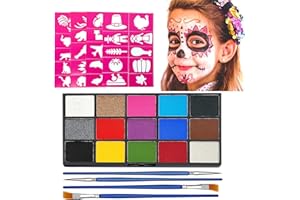 Clundoo Peinture Corporelle pour Le Visage, 15 Couleurs Visage Peinture à L'huile, Palette de Maquillage pour Enfants, avec 40 Pochoirs et 4 Pinceaux, Sûr Non Toxique, Pour Coupe D'Europe, Soirées
