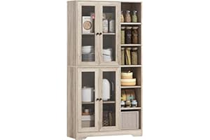HOMCOM 172 cm Tall Kitchen Cupboard, Pantry Storage Cabinet with Tempered Glass Doors and Soft-Close Hinges, Freestanding Kitchen Cabinet with Adjustable Shelves and 6 Open Shelves, Light Grey