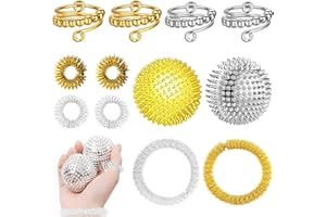 DELAIHUIL 12 Stück Skills Set 2 Igelball Massageball Metall 4 Anti Stress Ring 4 Akupressur Ring 2 Massage Armbände Verstellbare Skills Ringe Igelbällen Für Stress Relief Oder Massage (Gold, Silber)