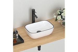 J-FAMILY Modern Bathroom Small Vessel Sink Above Counter Compact Porcelain Ceramic Wash Basin Black Trim Decoration Lavatory Wash Hand Basin,365 x 250 x 115mm