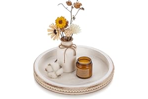 Hanobe Bandeja decorativa de madera redonda: bandeja de cuentas blancas lavada para mesa de café, bandeja de centro de mesa vintage para sala de estar, hogar y baño organizador