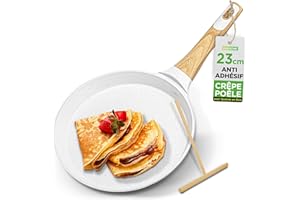Nutrichef Poêle à Crêpes Antiadhésive 24 cm-Crêpière Induction avec Répartiteur en Bois,Poêle à Pancakes avec Revêtement Marbre Crème,Tous Feux Dont Induction,Sans PFOA/PFOS,Compatible lave-vaisselle