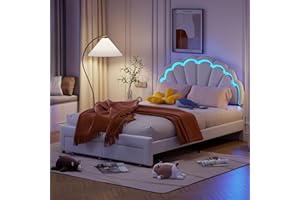 BPKADHY - Lettino imbottito singolo per ragazze, 140 x 200 cm, con LED, testiera regolabile in altezza, a forma di fiore, 2 cassetti, letto singolo per ragazzi con rete a doghe, tessuto di velluto