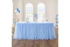 NSSONBEN Tulle Table Skirt Light Blue Table Skirting with Gold line Fluffy Tutu Table Skirt for Baby Shower Birthday Party Wedding Banquet Table Decorations (3Yard/9ft/L275cm*H77cm)