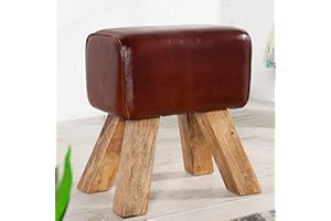 invicta INTERIOR Kult Sitzhocker TURNBOCK mit Echtleder Bezug Mangoholz Schulsport Hocker Natur 40cm Fußhocker aus Holz mit Lederbezug