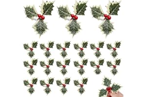 Vyqrx 20Pcs Artificial Holly Leaves with Berries, Red Berries Christmas Decorations, Christmas Holly Picks for Wreath, Garland, Xmas Tree & Christmas Cake Decorations
