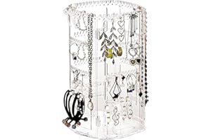 ROWNYEON Jewellery Stand 360 Rotating Display Stand Earring Storage Organiser Earring Holder,4 Tiers Necklace Rack 176 Holes and 136 Grooves 4 Holders For Hair Ties,Bangles,Bracelet,Rings,Watch