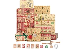 WUBAYI 12Sheet Christmas Wrapping Paper, Recyclable Kraft Paper 70x50CM in Folded Sheets with 6 Vintage Designs (Bonus 2 10m Jute String & 9 Labels & 1 Double Sided Tape)
