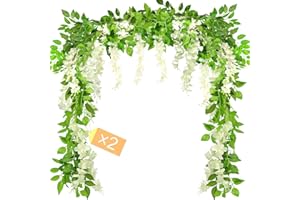 MOTONG Artificial Flowers Decoration, 2 Pcs (2M/7FT/Piecs) Fake Flowers Artificial Wisteria Vines, Artificial Vine Garland Plants Arts For Ceremony Home Garden Wedding Party Decoration(White)