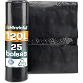 Hinrichs 120L Extra Strong Trash Bags - 70 x 110 cm - Roll of 25 - Recycled LDPE Waste Sacks - Heavy Duty Black Bags - Waste