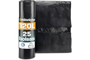 Hinrichs Bolsas de Basura 120L Extra Fuertes – 70x110 cm – Rollo de 25 – Sacos para Residuos Recicladas LDPE – Bolsas Negras Resistentes – Sacos para desechos para Jardines, Hogares y Obras