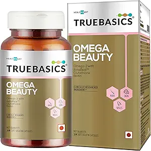 TrueBasics Omega Beauty Advanced Formula with Omega-3 Fish Oil, Astaxanthin (AstaReal), Biotin and Glutathione Enhanced with Amino Acids Blend and Complete RDA of All Vitamins (30 Softgel Capsules)