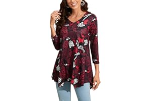 Enmain Camiseta Mujer Manga 3/4 Top Túnica Larga Cuello de Pico Blusa Elegante y Cómoda Talla Grande Tops de Colores Sólidos/Estampadas T Shirt para Mujeres