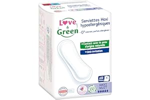 Love & Green Serviettes hygiéniques, écologiques et hypoallergéniques - certifiées Ecolabel et Dermatest - "MAXI NUIT" x 12 : Sans colorant, parfum, allergènes (Lot de 2x12)