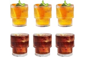 MUJUZE Set di Bicchieri a coste, 6 pezzi, 200 ml, Bicchieri Acqua Vetro Moderni in Stile Origami, in vetro vintage, Bicchieri per Whisky Succhi, Smoothie,Caffè Freddo
