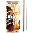 Iced Coffee Cup, Iced Coffee Cups with Lids and Straws, Valentine Gift for Her Women, Beer Can Glass with Lids and Straw, Can Shaped Glass Cups, 18OZ Glass Cups, Drinking Glasses, Smoothie Cups