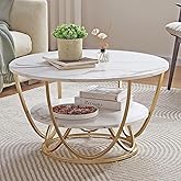 Bright Wood Craft Modern Coffee Table, Round Accent Center Table with Faux Marble Pattern Wooden Top & Gold Metal Sofa SideTa
