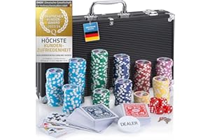 GOODS+GADGETS Maletín de Póquer con 300 a 500 Fichas, Baraja de Cartas, Dados y Botón del Crupier - Maleta de Aluminio con Cerradura (Negro, 300 Fichas)