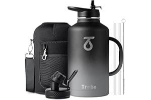 Trebo Insulated Water Bottle 2L, Stainless Steel Water Bottle 2L Metal Bottle with Handle Metal Large Jug Travel Flask with Straw Spout Lid Mug Tumbler Cup with Carry Pouch Keep Cold Hot, Dark Grey