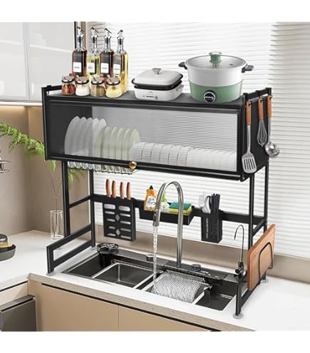 Supfirm Scolapiatti Sopra Il Lavandino, Scolapiatti Grandi In Acciaio Inossidabile Regolabili A 3 Livelli (33 ''-40 '') Per Riporre I Piatti (nero