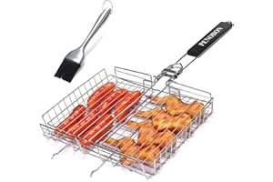 penobon Panier Grille pour Barbecue, Pliable en Acier Inoxydable, pour la Cuisson des Poissons, Légumes ou Crevettes, avec Poignée Amovible, Brosse à Badigeonner et Sac de Rangement. (Type 2)