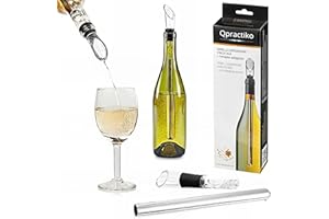 Qpractiko | Set Bacchetta Raffreddamento e Versatore Antigoccia | Acciaio Inossidabile, Vetro, 31,5x1,8cm | Raffredda il vino, versamento pulito, riutilizzabile | Freschezza prolungata