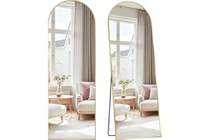 SONGMICS Full Length Mirror, 160 x 50 cm, Arched Full Body Mirror with Stand, Aluminium Alloy Frame, Tempered Glass, for Bedroom, Living Room, Cloakroom, Pale Gold LFM031A01