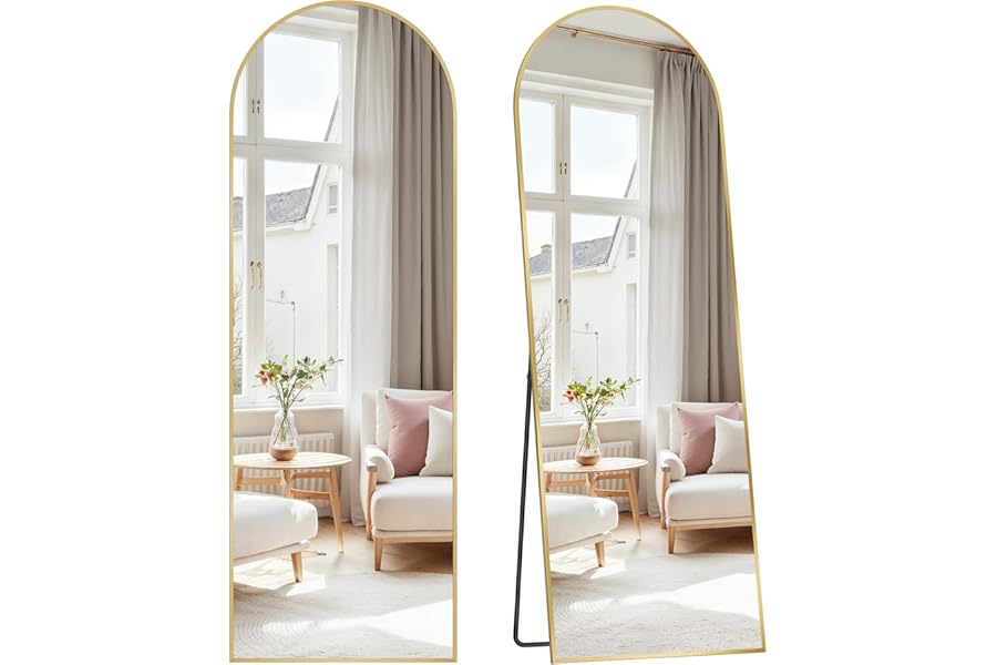 SONGMICS Full Length Mirror, 160 x 50 cm, Arched Full Body Mirror with Stand, Aluminium Alloy Frame, Tempered Glass, for Bedroom, Living Room, Cloakroom, Pale Gold LFM031A01