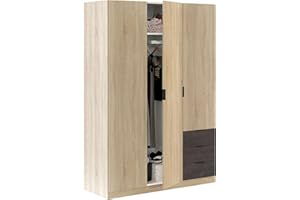 Habitdesign Armario Ropero 3 Puertas 3 Cajones 4 Estantes, 180x121x52 (AltoxAnchoxFondo - en cm), Color Roble Canadian y Oxido