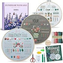 Smart-Feather 3 Sets Borduurset voor beginners, handborduursets voor volwassenen met ring, doe-het-zelf kunstproject knutselset (bloem
